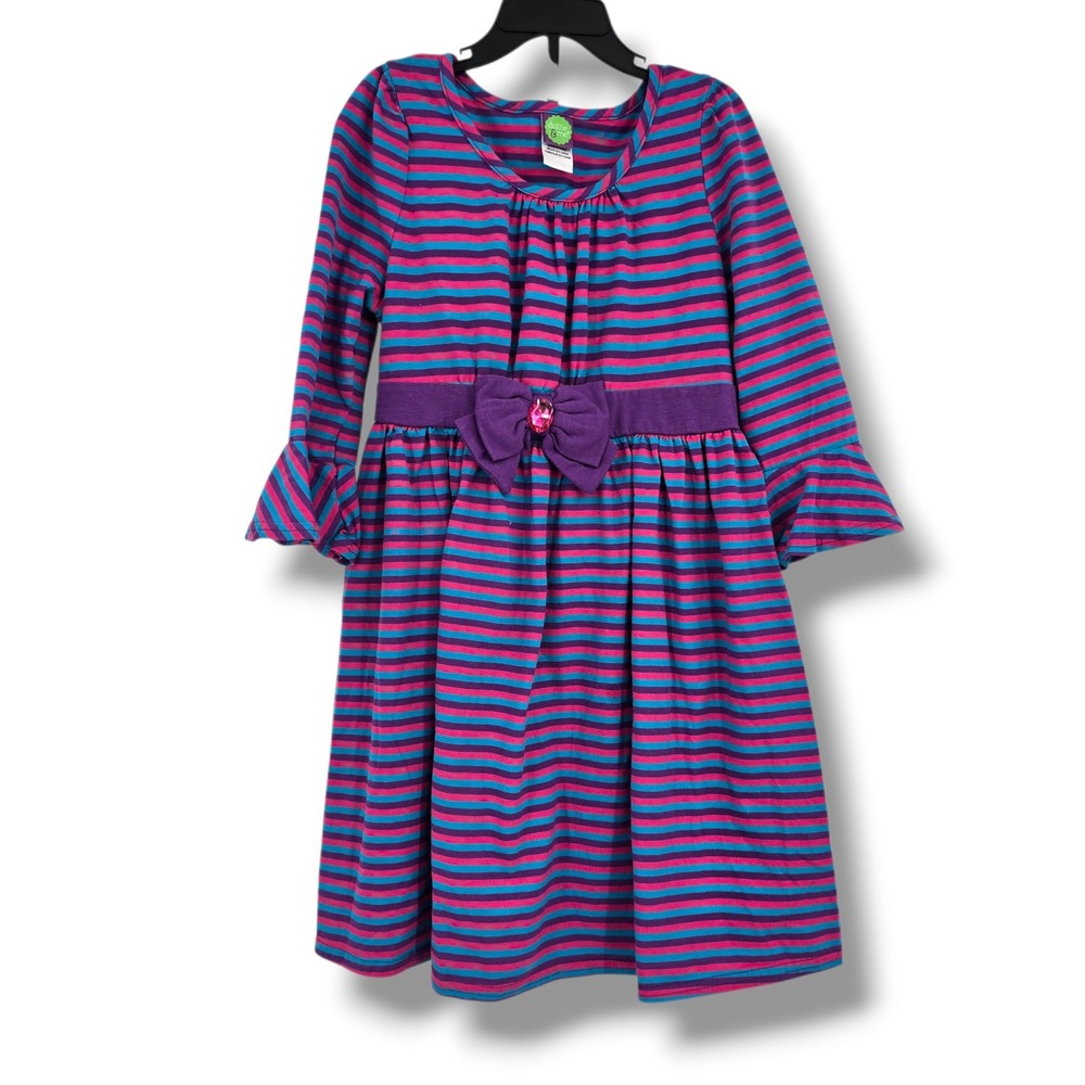 Dollie & Me Girls 10 Striped Dress‎ Purple Pink Blue Bell Sleeve Bow Rhinestone